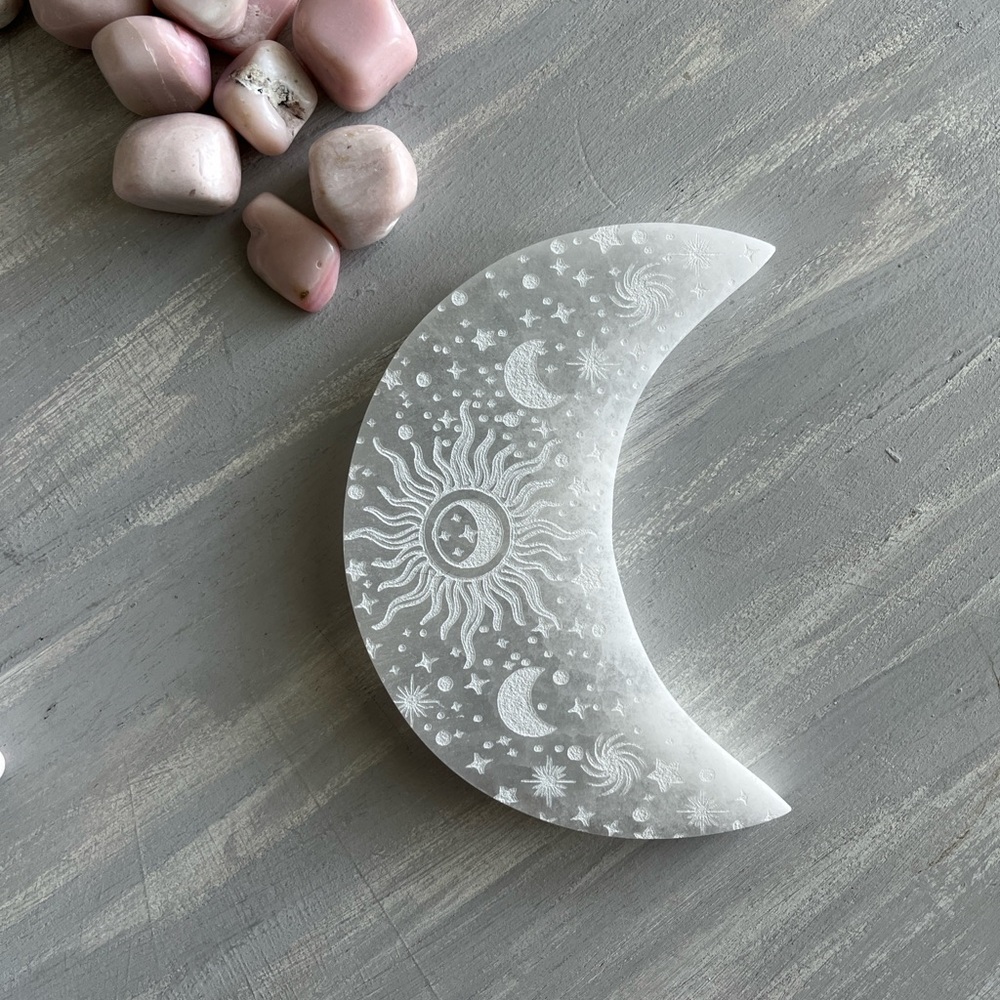 Etched selenite moon